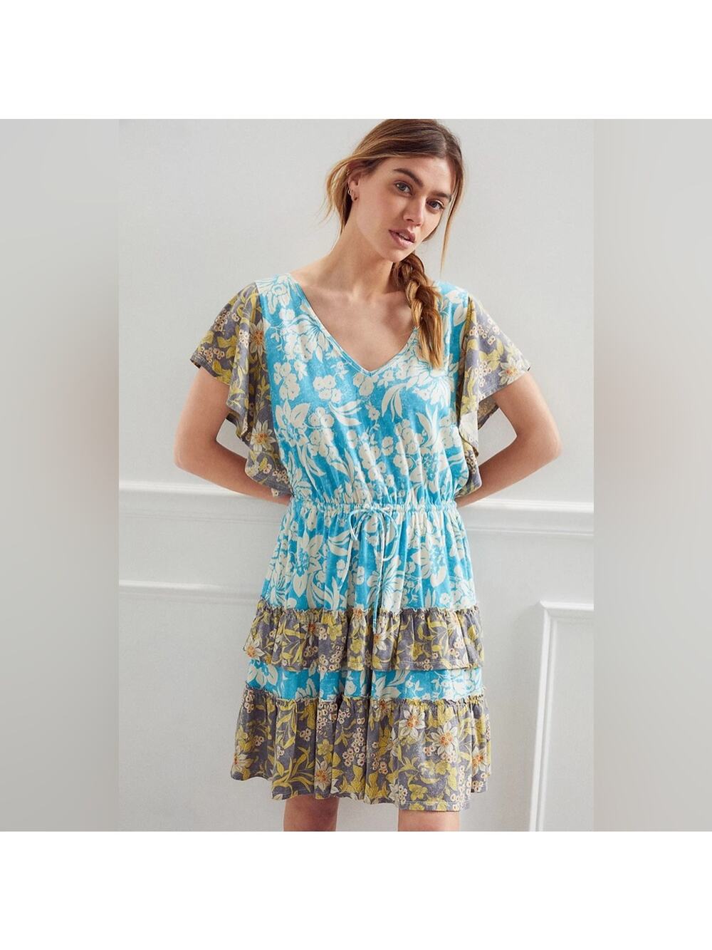Daily Practice by Anthropologie Tiered Ruffle Mini Dress floral Flowy v-neck EUC